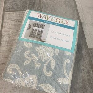 Waverly Stencil Vine Light Blue and White Tab Top Tier Pair Curtains